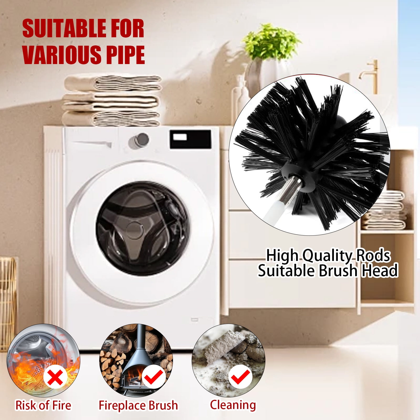 Dryer Vent Cleaning Kit with Flexible Nylon Rods, 6-Piece Drill Powered Chimney Sweep Brush Set for Duct Lint Removal and Exhaust Port Cleaning for Home Kitchen Laundry Room