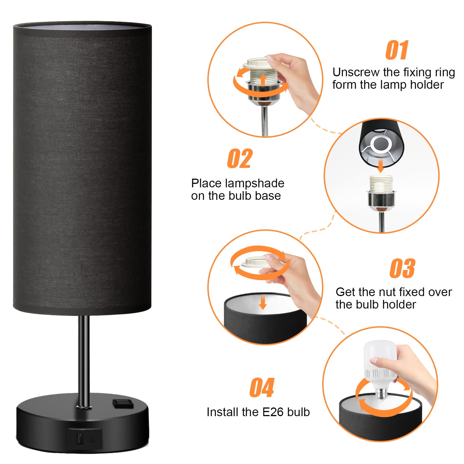 Table Lamps for Bedroom, 3 Way Dimmable Touch Control Bedside Lamp with USB C+A Fast Charging Ports, Nightstand Lamp for Office, Living Room, Reading(E26 Light Bulb Included), Black