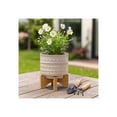 thumbnail image 3 of Embossed Ceramic Planters with Wood Stand for Flower Pots  Home Decor Pots for Entryway, Tabletop, and Garden - Small Raised Container with Stand for Indoor and Outdoor Plants - 8", Ivory & Tan, 3 of 13