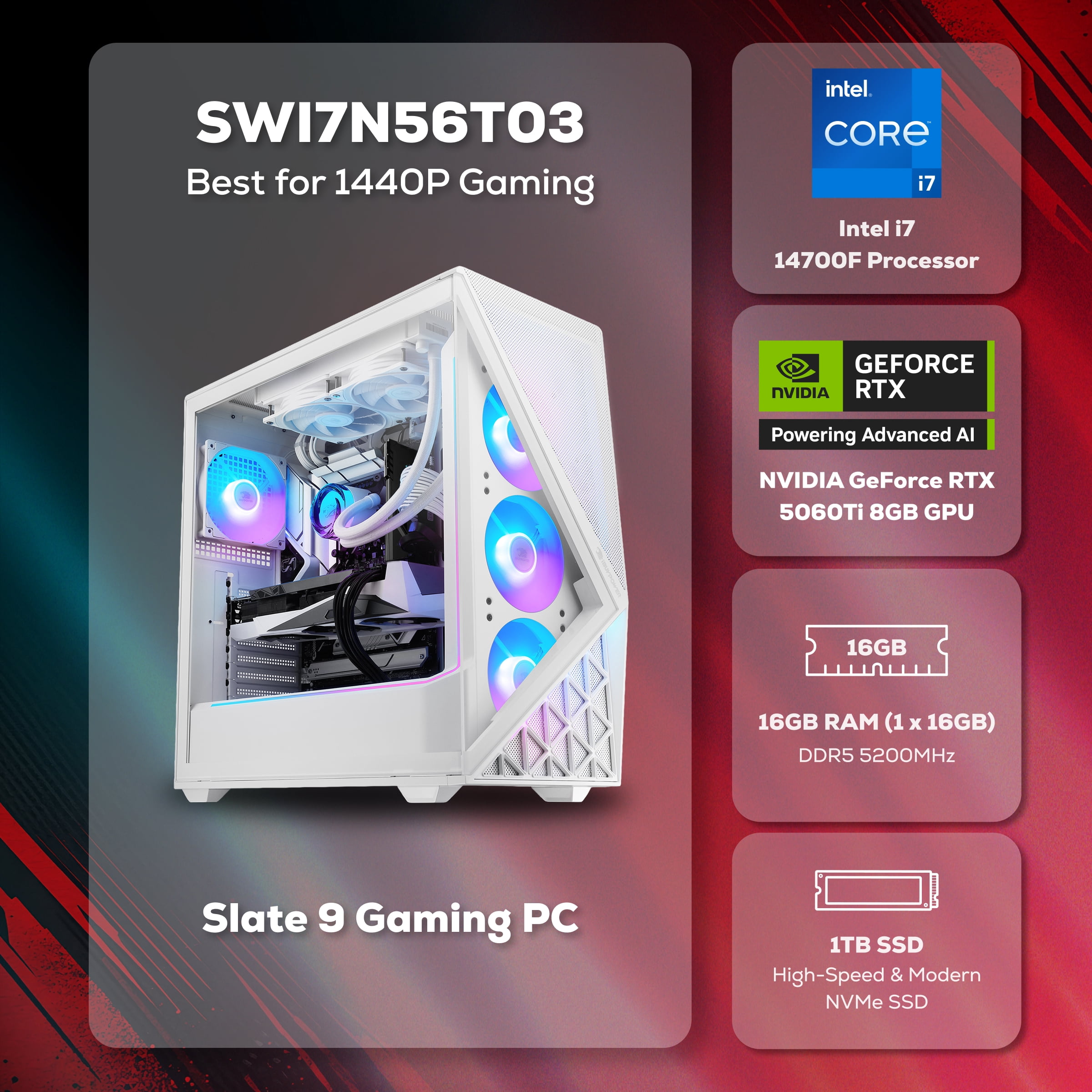 iBUYPOWER Slate Gaming Desktop - Intel Core i7 14700F, RTX 5060Ti 8GB, 16GB DDR5 RAM, 1TB SSD _SWI7N56T03