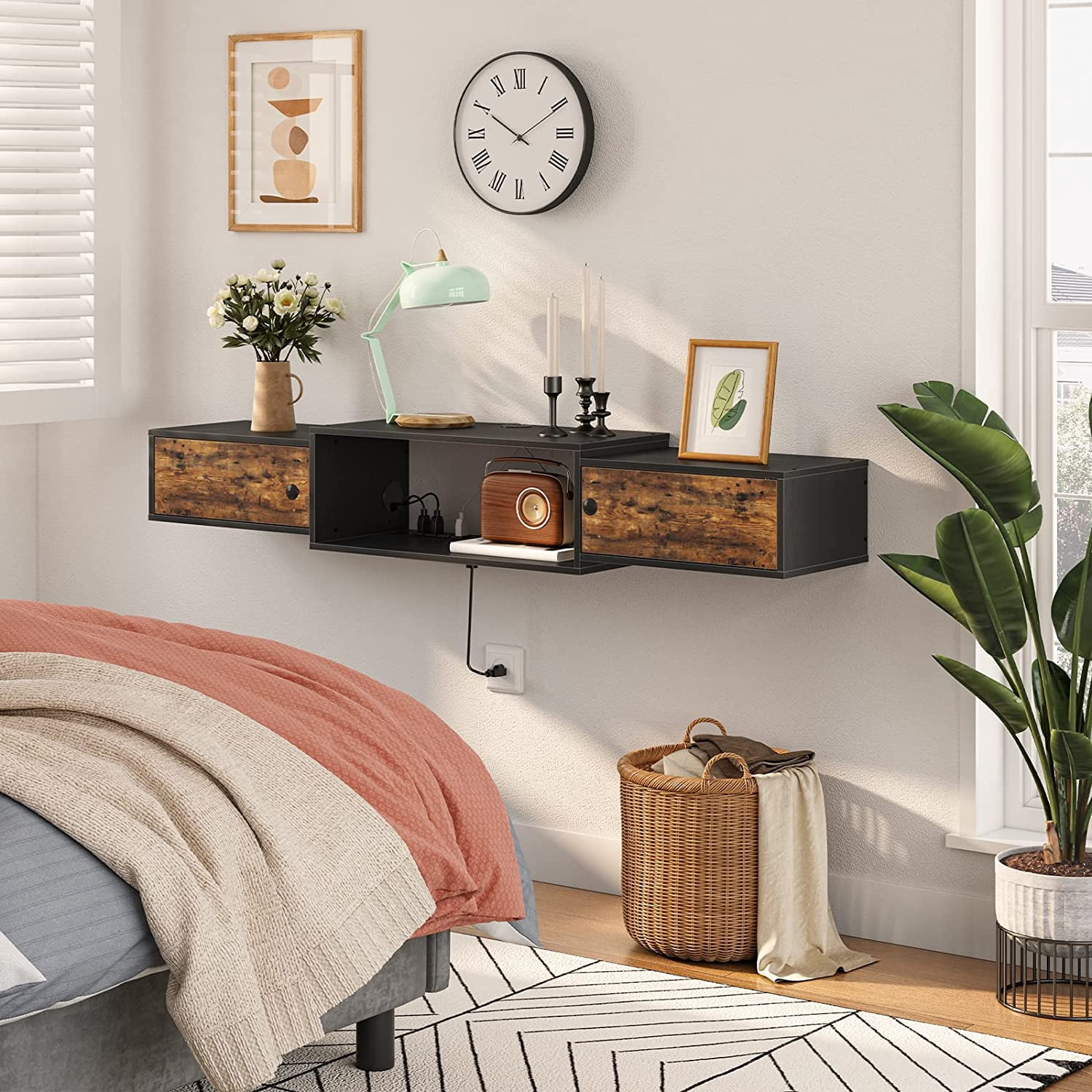 55" Floating TV Stand with Power Outlet, Modern Wall Mounted Media Console Shelf Cabinet for Under TV Storage, Entertainment Center, Living Room, Bedroom, Rustic Brown and Black BF11DS01