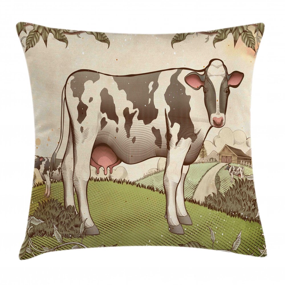 Farm Animal Throw Pillow Cushion Cover, Vintage Pastel Engraved Style