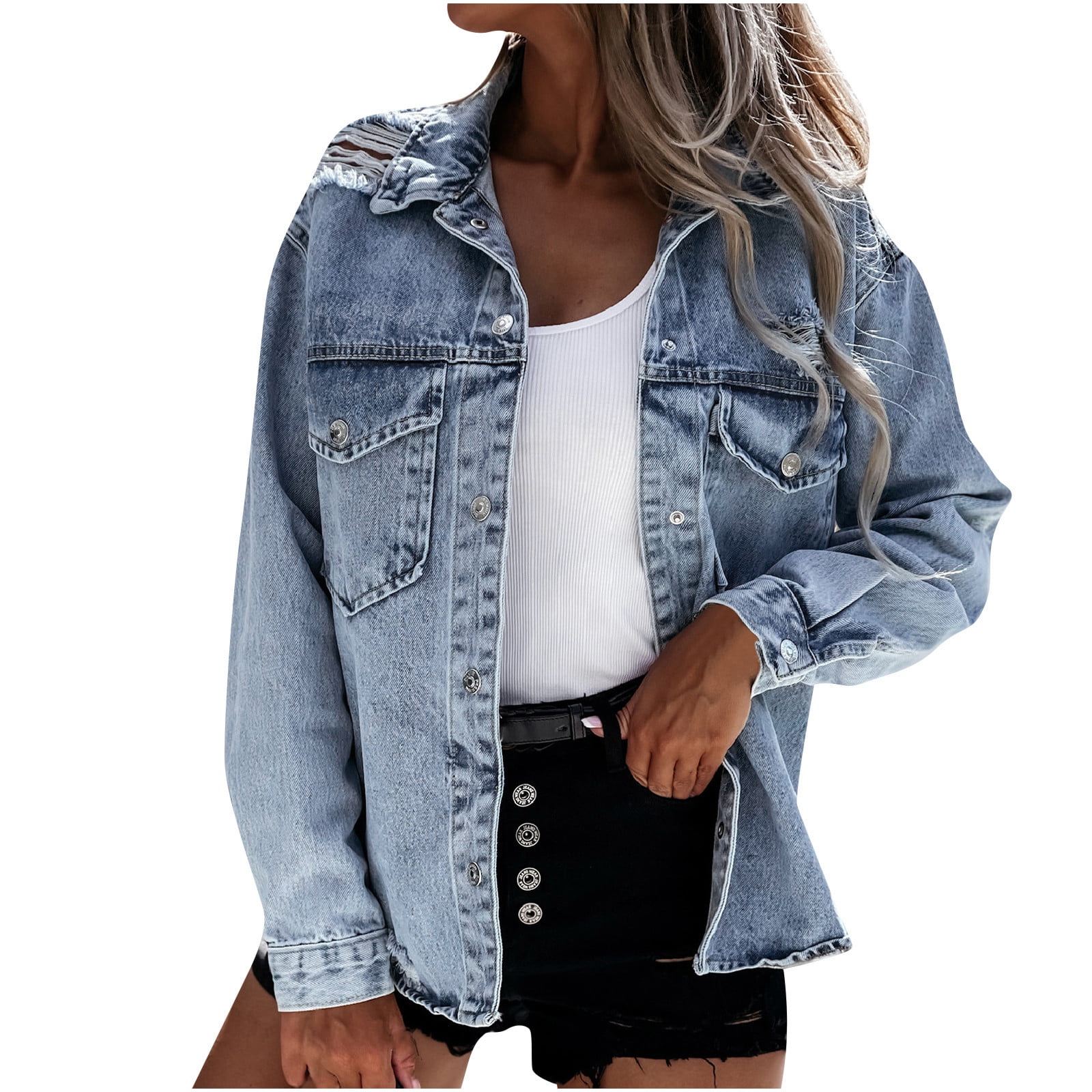 Veste en Jean pour Femmes Delavee Boutonnee Dechiree Extensible Veste en Jean Decontractee avec Poches