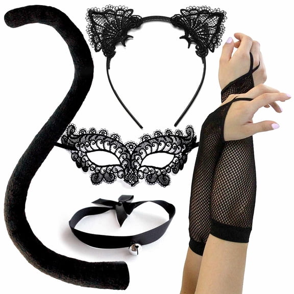 5-Piece Lace Cat Costume Accessory Set for Women, with Masquerade Mask, Lace Cat Ears Headband, 28-inch Long Tail, Fishnet Arm Sleeves and a Bell  Choker
