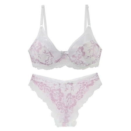 

Women Lingerie Set Exotic Floral Lace Perspective 2 Piece Bra and Panty Plunge Push Up T-Shirt Bralette Nightwear