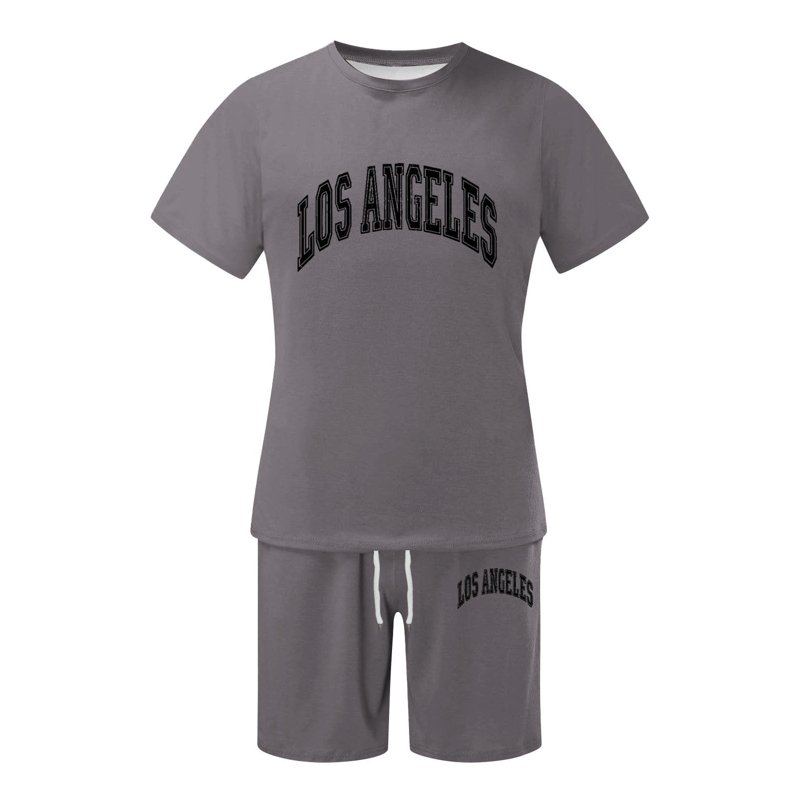HOOMEUMY Men's Summer 2 Piece Outfits Short Sleeve Crew Neck T-Shirt Drawstring Shorts Set Solid Color Sportswear Tracksuit Gym Fitness Jogging Suit Gray XXXL