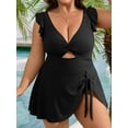 thumbnail image 5 of Asoul Womens Plus Size Swimsuit Tummy Control One Piece Ribbed Swimdress Ruffle V Neck Cutout Bathing Suit with Skirt, 5 of 7