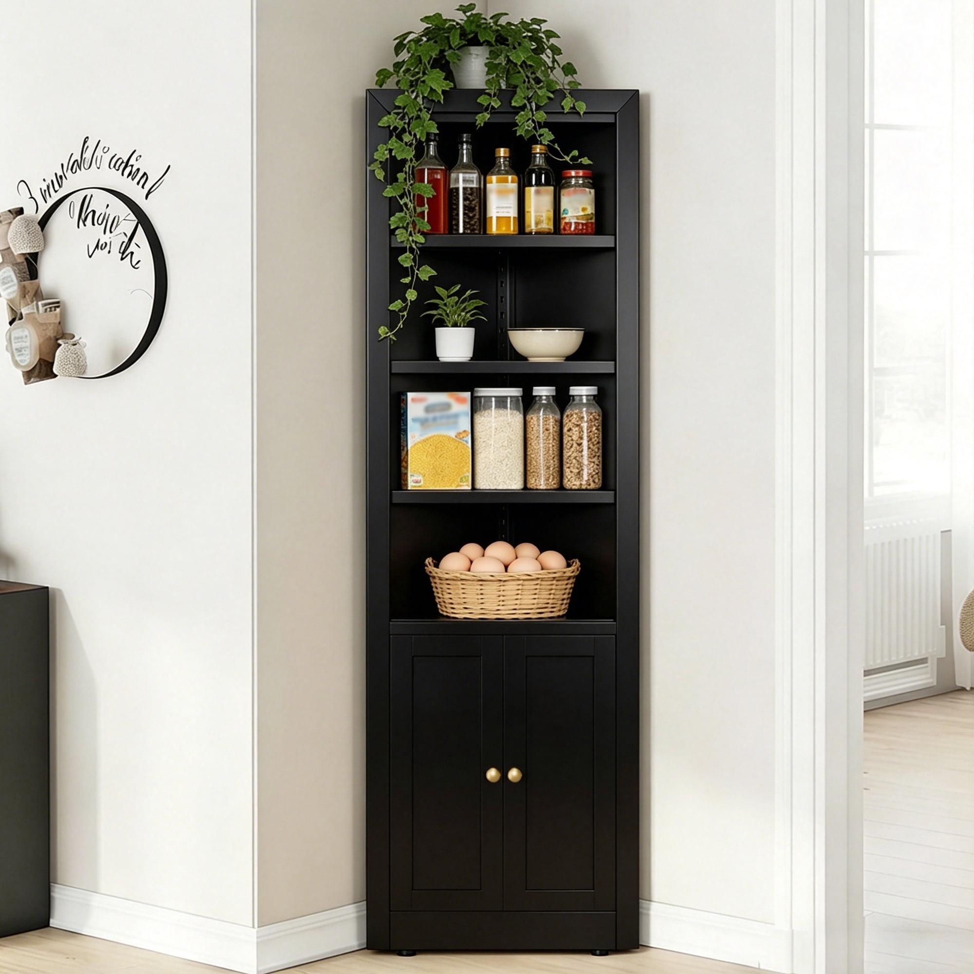 Leumius 71" Tall Corner Storage Cabinet with 2 Doors,Freestanding 5-Tier Metal Cabinet with Adjustable Shelves for Kitchen Living Room Bathroom,Black