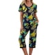 thumbnail image 1 of Qucoqpe - Conjuntos de pijama cómodos para mujer, con blusa de manga corta con cuello en V y pantalones anchos con estampado floral, estilo capri holgado, 1 of 5