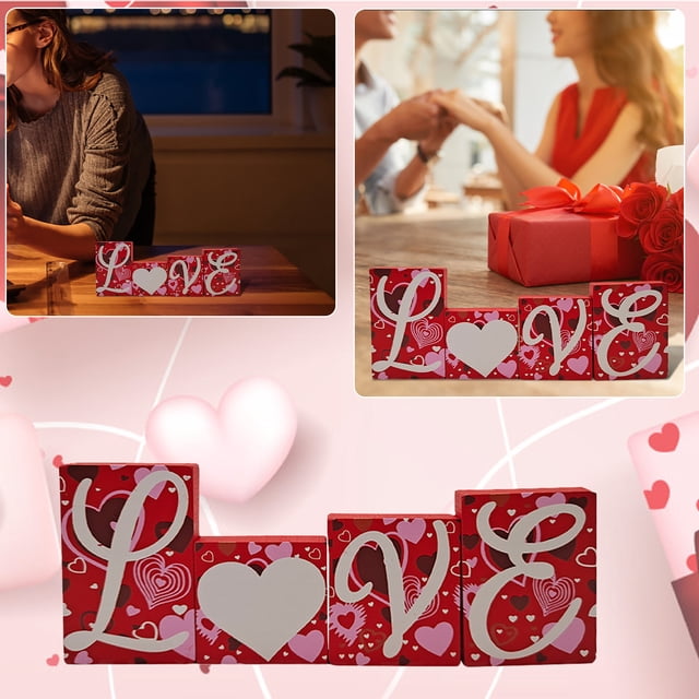 Décor de Bureau Lettres d'Amour Ornements de Mariage Carrés Rouges Décoration Artisanale en Bois pour Couples à Domicile
