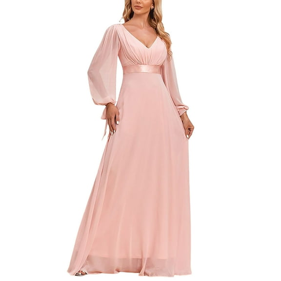 Efsteb Cocktail Dresses for Women Long Chiffon Bridesmaid Dress V Neck Long Sleeve Formal Dresses Cocktail Party Prom Maxi Dress (Pink,S)