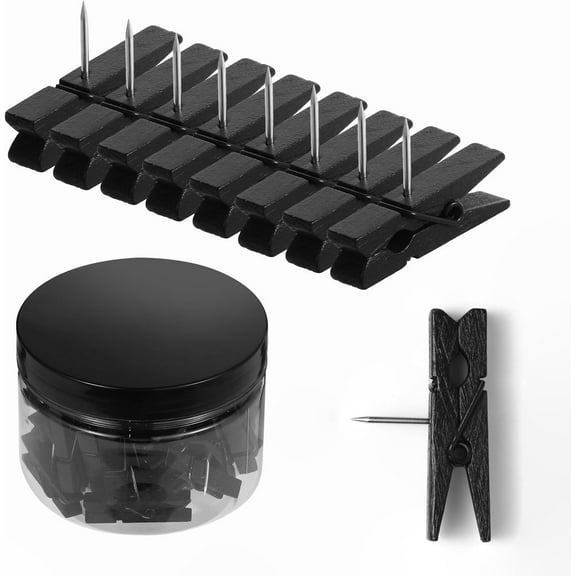 50-Pack Black Push Pins with Spring-Loaded Wooden Clips, Damage-Free Cork Board Tacks for Artwork, Photos & Notes