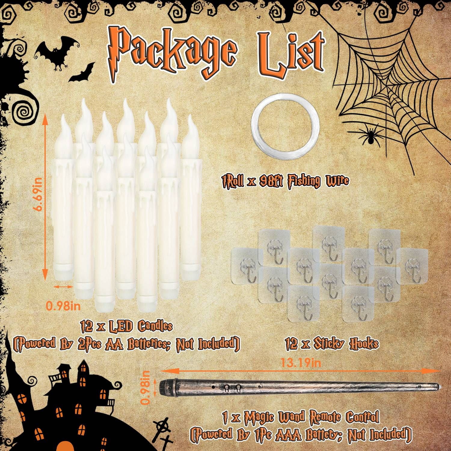 12Pcs Flameless Floating Candle Set with Magic Wand Remote 98ft Fishing Wire for Halloween Christmas Decor