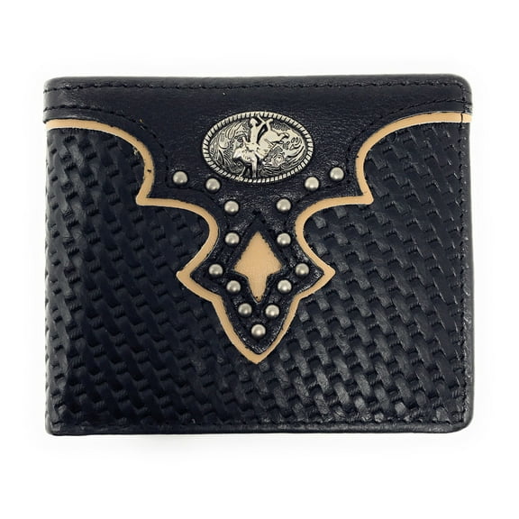 Western Cowboy Genuine Woven Leather Metal Tooled Rodeo Mens Bifold Short Wallet