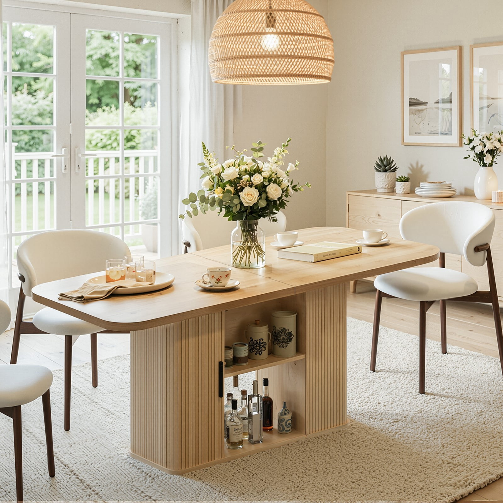 SUNCOZE 70in Dining Table for 4-8, Dining Leisure Table with Storage Shelves, 1.38" Thick Top, Scratch-Resistant, Natural Wood Finish, Multi-Use for Dining Room Kitchen Office, Wood Finish