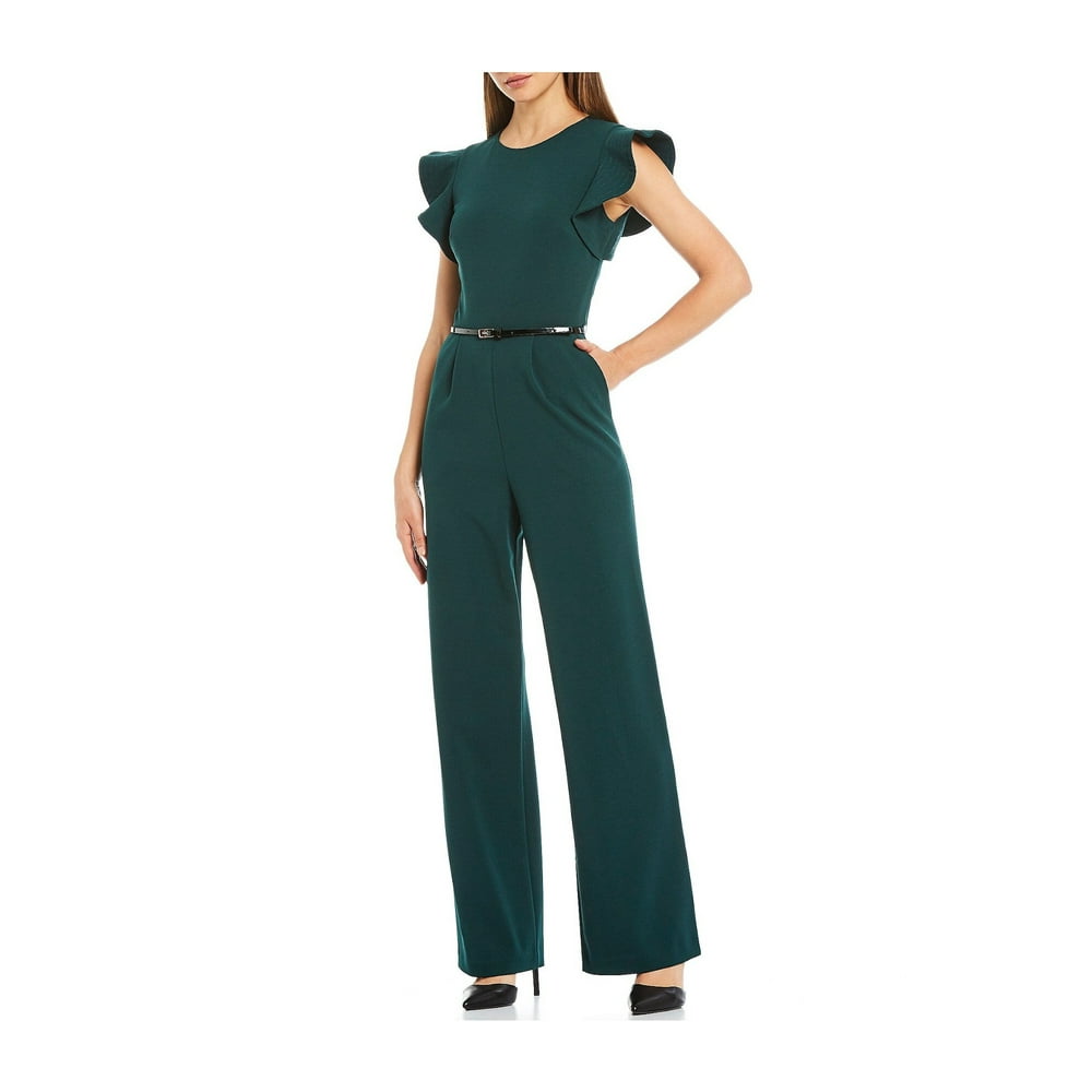 Calvin Klein - CALVIN KLEIN Womens Green Belted Ruffled Sleeves Short Sleeve Jewel Neck Wide Leg