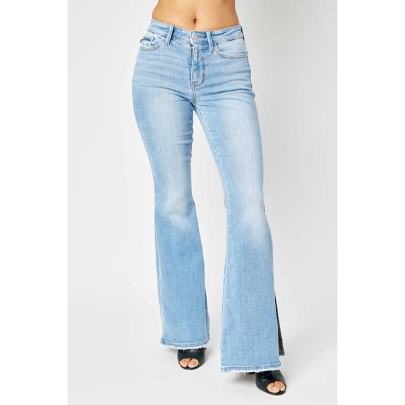 Judy Blue Full Size Mid Rise Raw Hem Slit Flare Jeans,