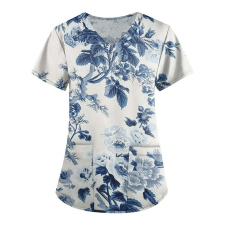 

ELFINDEA Pockets Printed Scrubs Work Blouses for Women V Neck Short Sleeve Womens Tops
