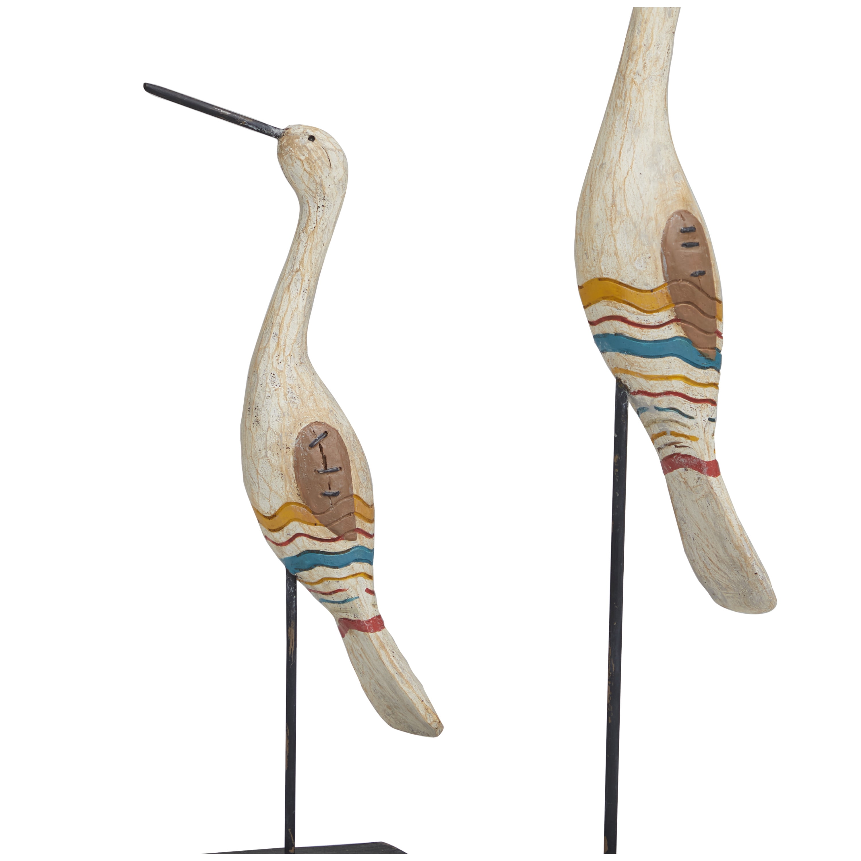 17", 12"H Cream Polystone Handmade Distressed Carved Bird Sculpture with Colorful Patterns and Black Stand, by DecMode (2 Count)