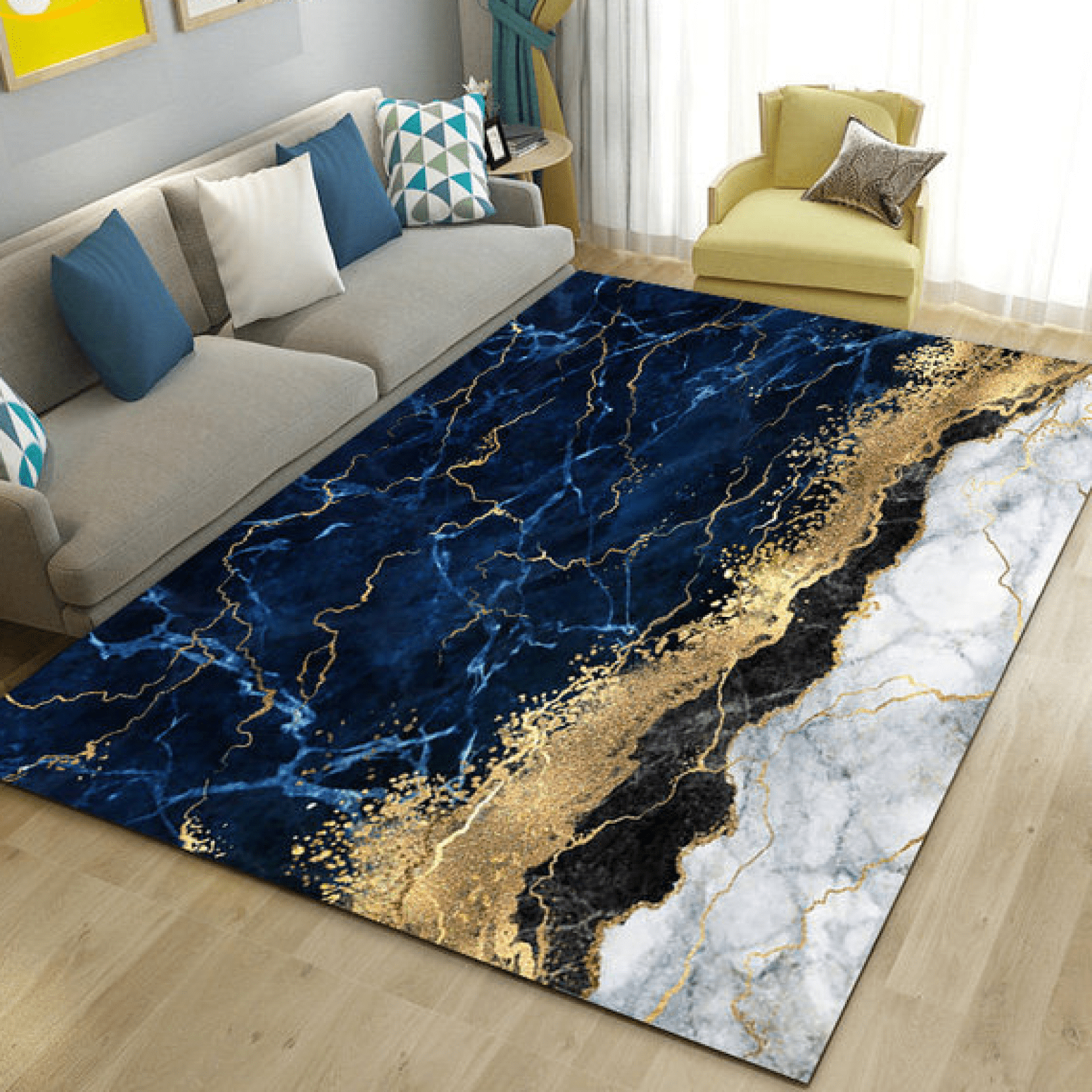 Marble Area Rug Soft Grey Navy Blue & Gold Marble Rugs Floor Mat 3D Modern Printed Design Large