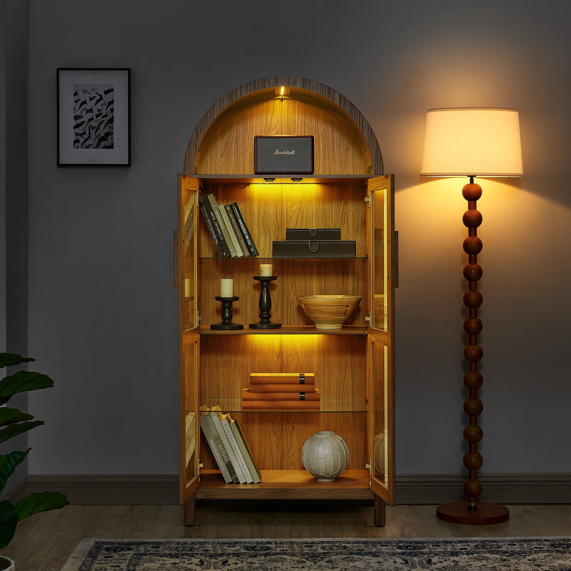Firmoz 67" Arched Pantry Cabinet with Glass Doors, Bookcase with Lamp, Display Storage Shelf for Living Room, Kitchen Walnut