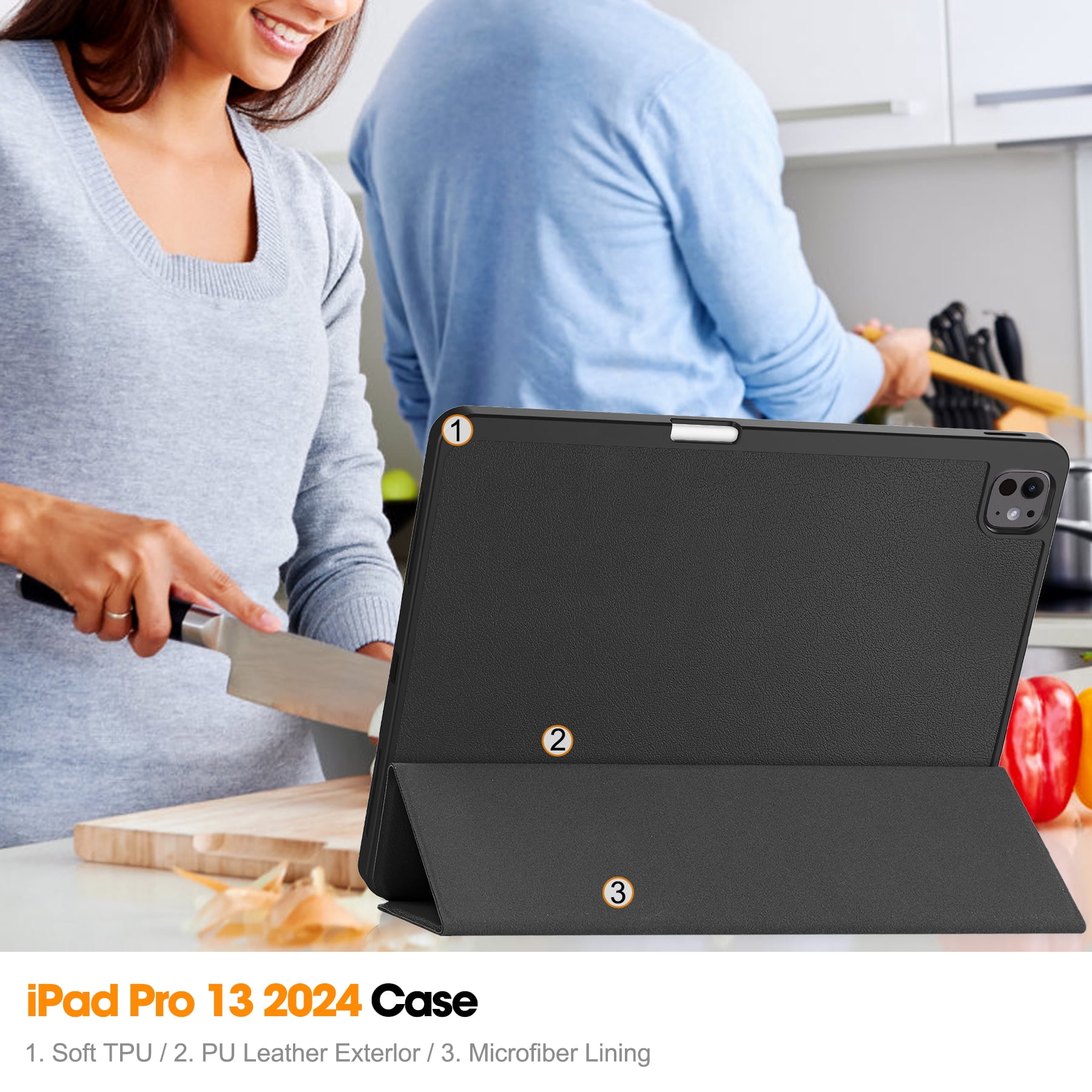 ShellTech Case for iPad Pro 13 inch 2024 with Pencil Holder,Slim Leather Smart  Auto Wake/Sleep Cover Full Body Protective Trifold Stand Soft TPU Back Case For iPad Pro 13" 2024,Black