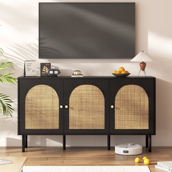 BUPPLEE 67" Sideboard Buffet Cabinet with Fluted Doors, Black TV Console with 3 Adjustable Shelves for Living Room, Dining Room & Office