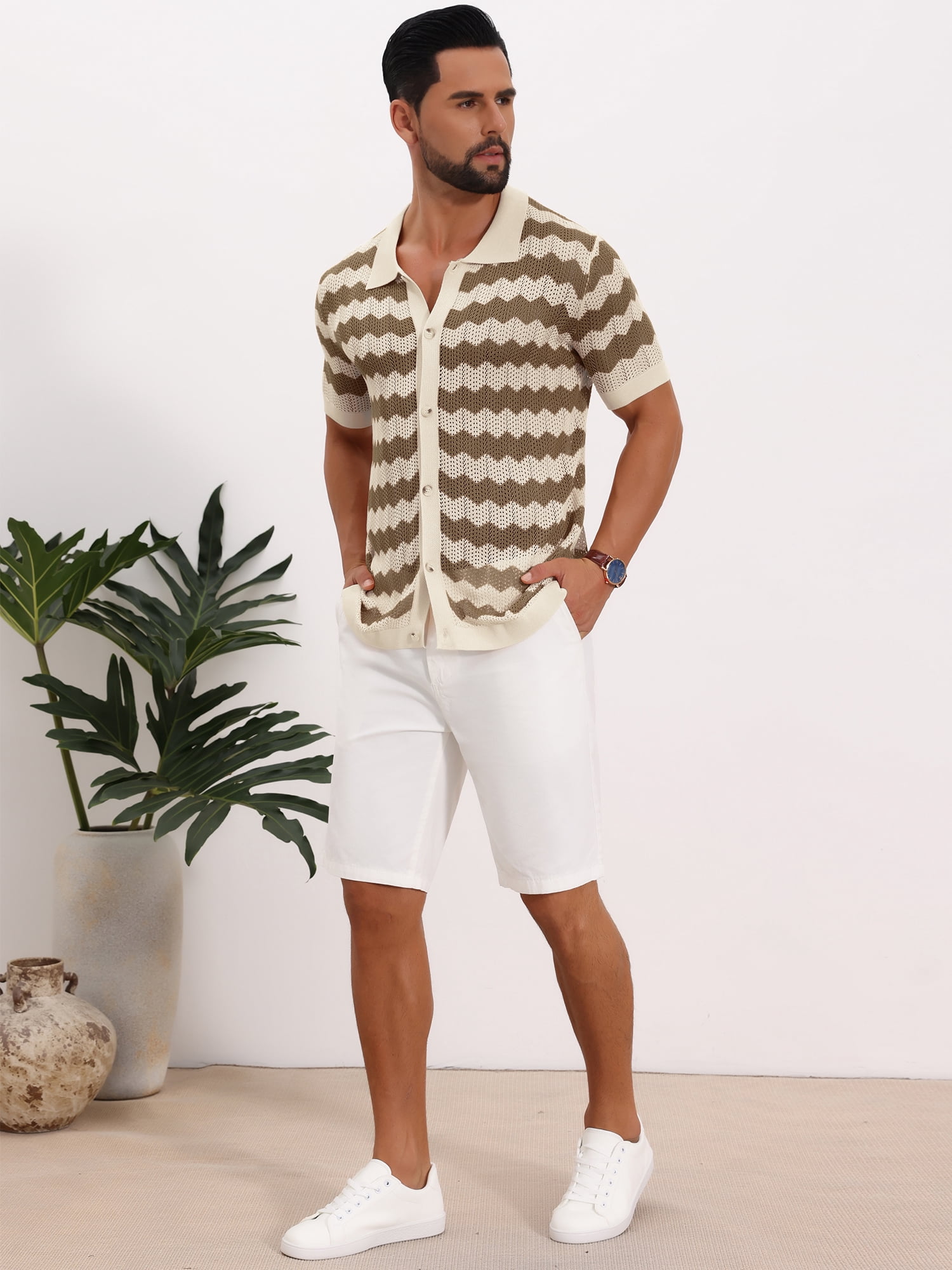 DARING DIVA Men's Wave Crochet Hollow Out Button Down Striped Shirts L Brown