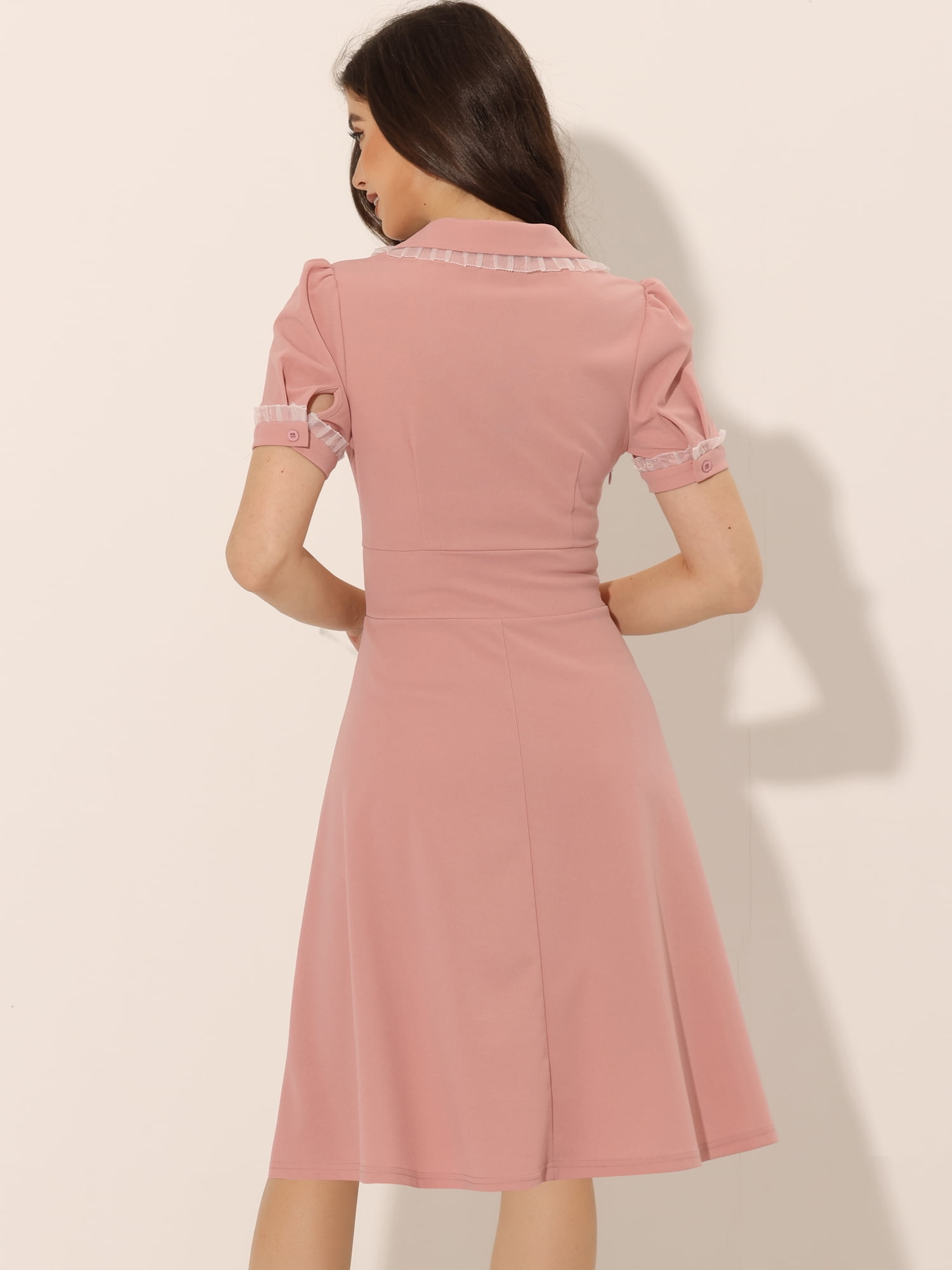DARING DIVA Women's Vintage Puff Sleeve Peter Pan Collar Dress S Pink