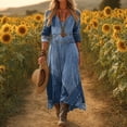thumbnail image 4 of Joernso Denim Print Maxi Dress for Women, Casual Long Sleeve V Neck Long Dress, Summer Loose A-line Flowy Vacation Dress, 4 of 7