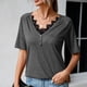 thumbnail image 3 of Camisa de manga corta con cuello en V de encaje para mujer, moda de verano, informal, adelgazante, blusa de manga corta de verano para mujer, gris oscuro XL, 3 of 8