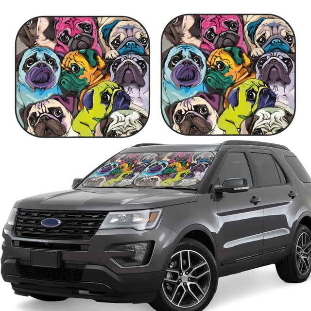 Saiise Colorful Pug for Foldable Car Sun Shades (2-Pack) Offer Sun Protection with an Easy-fold Design for Convenient Windshield Shading-Large