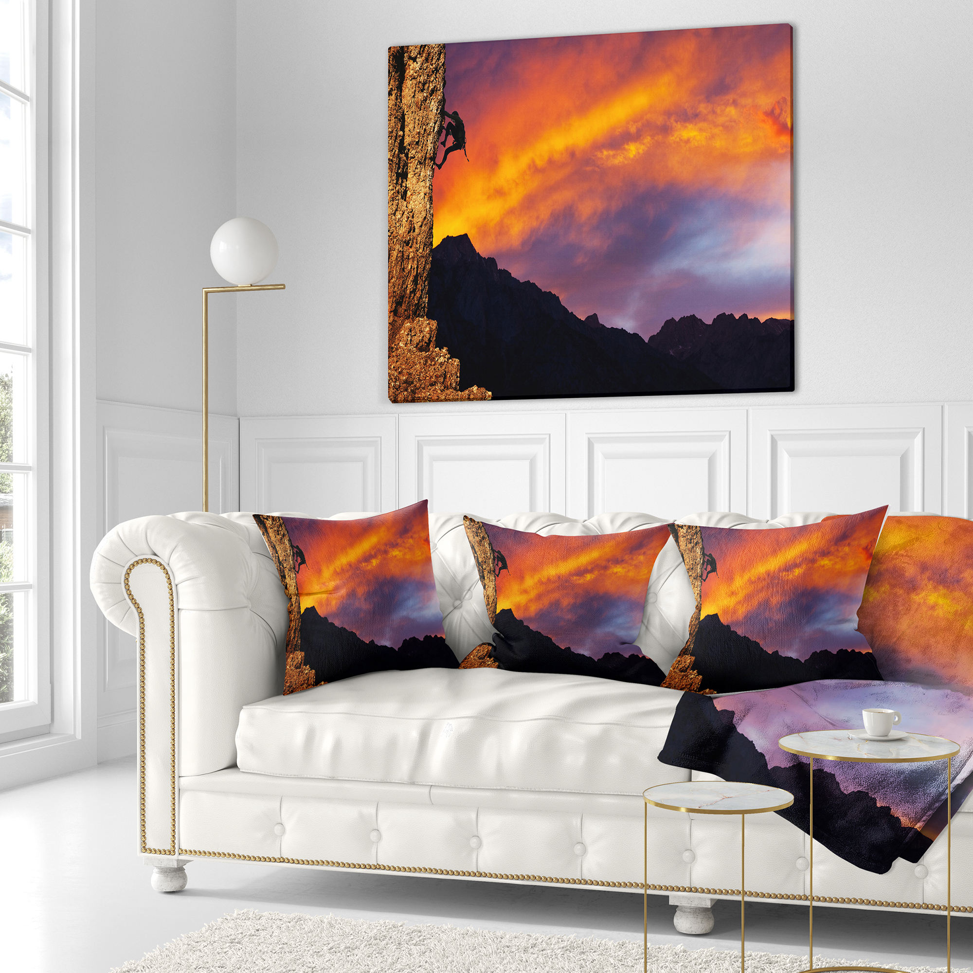 Designart Climber on Sunset Background - Landscape Printed Throw Pillow - 18x18