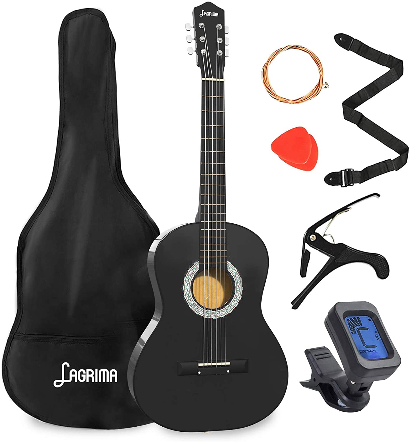 LAGRIMA Beginners Acoustic Guitar with Guitar Case, Strap, Tuner & Pick