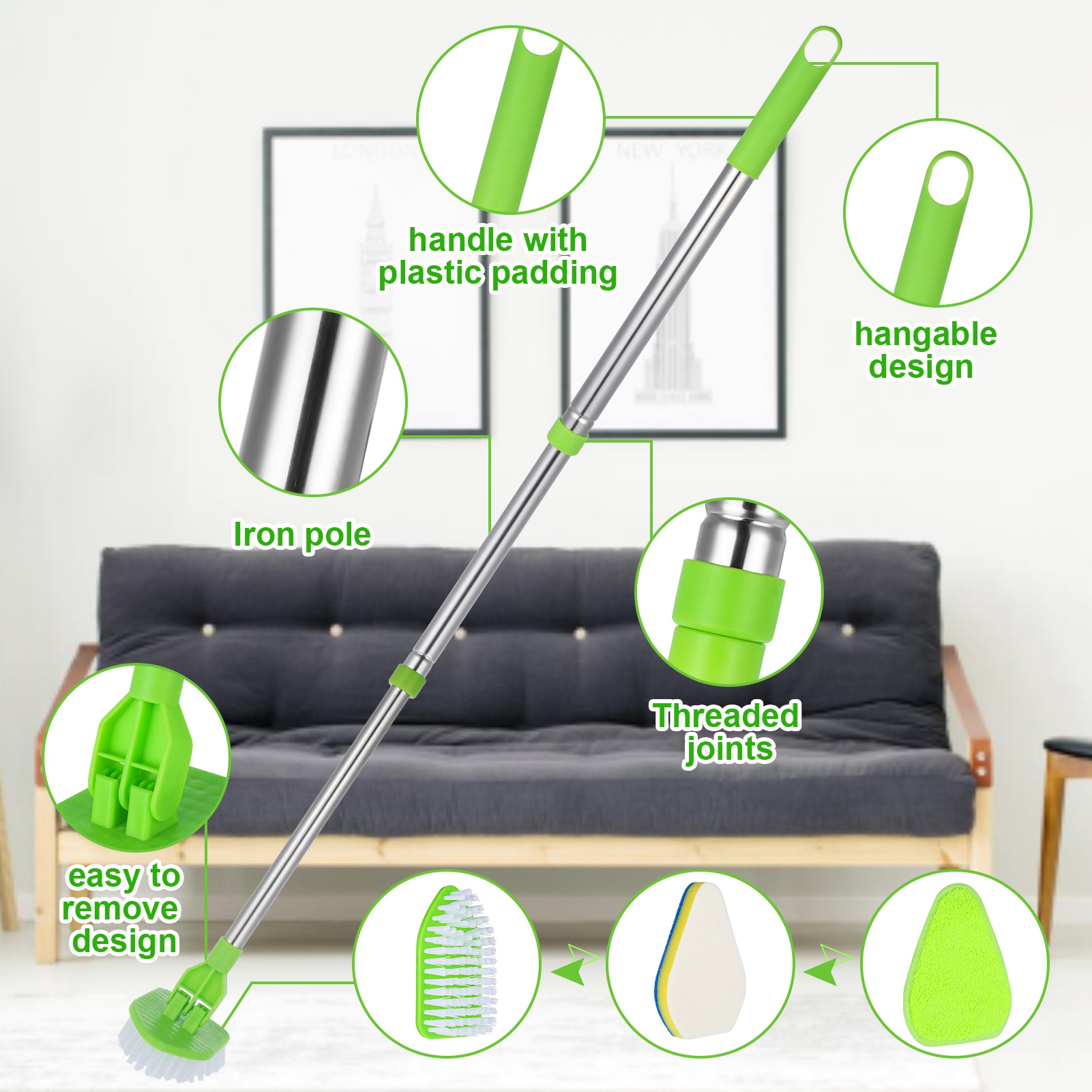 Armscye Adjustable Long Handle Scrub Brush, 37-Inch, Green photo 4