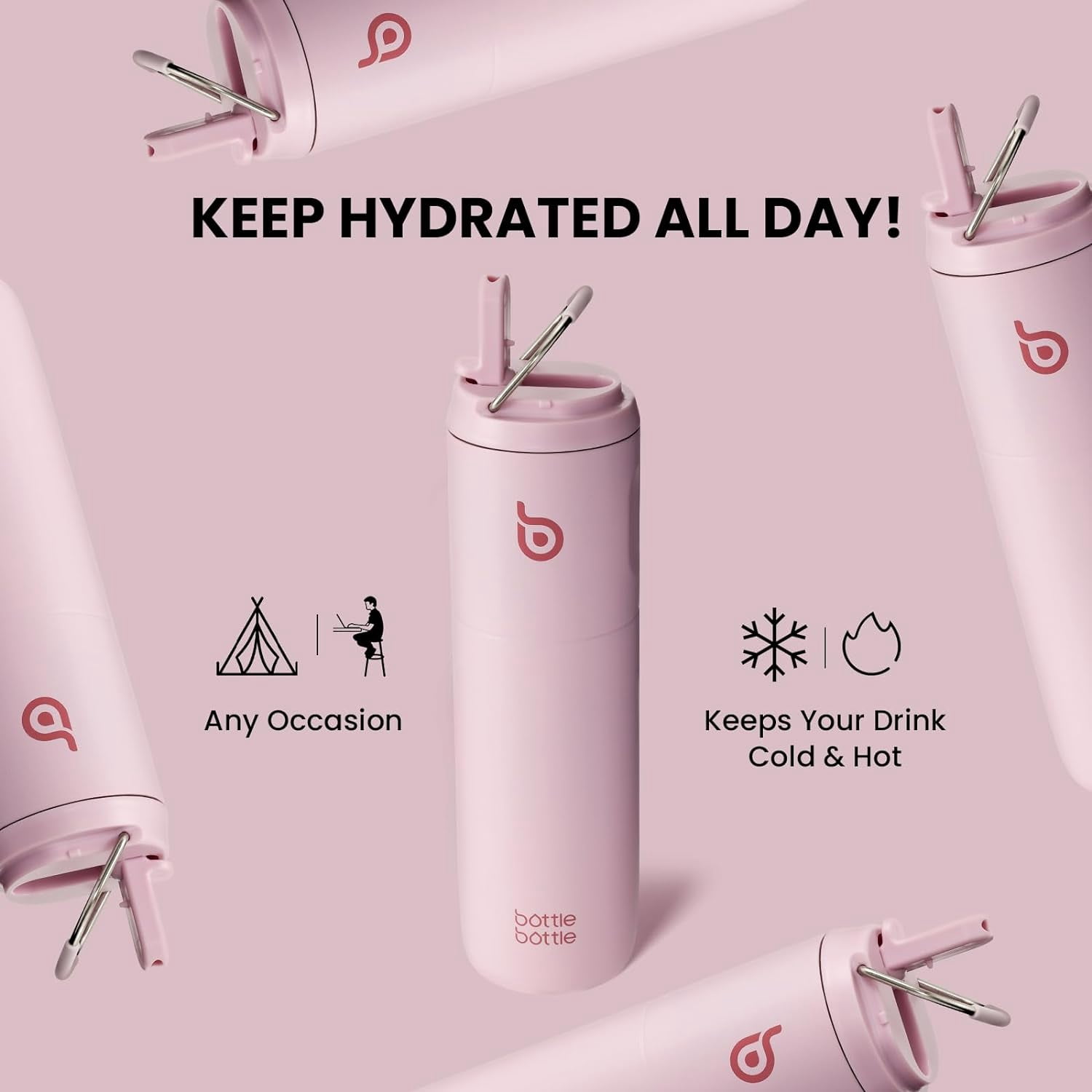 BOTTLE BOTTLE Insulated Water Bottle 24oz with Straw Lid and Handle for Sports Travel Gym Stainless Steel Water Bottles Metal Leak Proof Light Pink