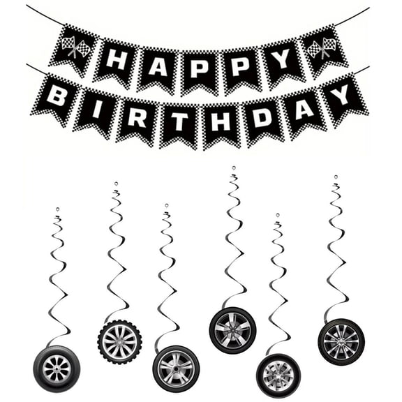 Hfppkn Racing Car Happy Birthday Banner Set Checkered Flag Party Decor
