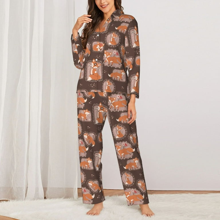 Vsdgher Beautiful Fox Pajamas Set Long Sleeve Sleepwear Womens