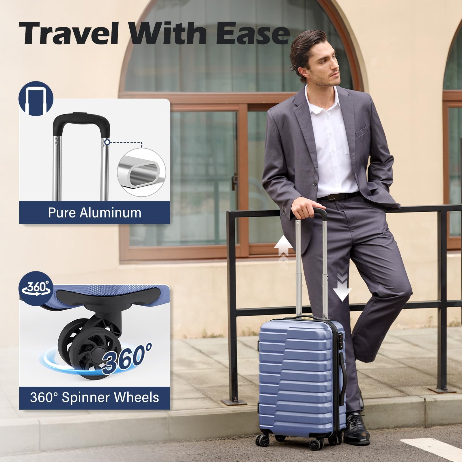 Coolife Luggage Sets, 3 Piece Hard Shell Suitcase Set with Spinner Wheels, Expandable Large Checked Luggage, Lightweight Rolling Carry On with TSA Lock Blue