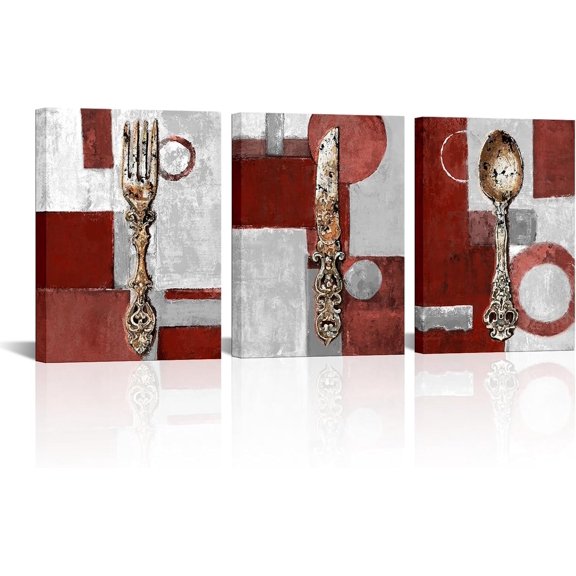 Hieng Blue and Grey Kitchen Decor Vintage Fork Knife Spoon Painting Canvas Kitchenware Picture Prints Rustic Dining Room Restaurant Geometric Decoration Unframed