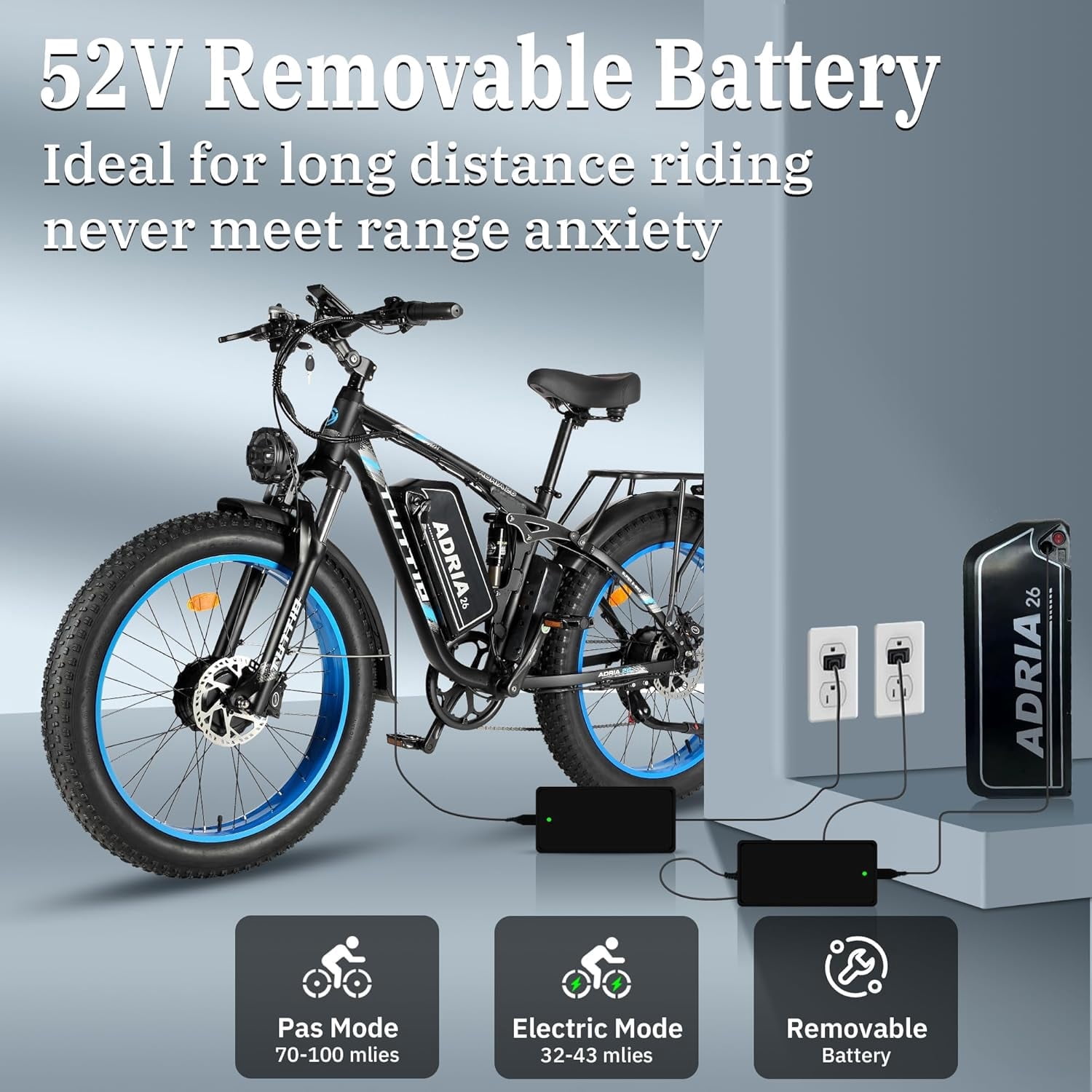 TUTTIO ADRIA26 Electric Bike for Adults, Removable 52V 30Ah Long Range Battery, Up to 100 Miles, 26” Fat Tire All-Terrain E-Bike for Mountain & Snow Riding, UL 2849