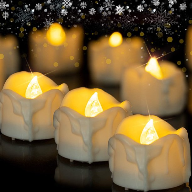Luces de té sin llama con temporizadores, 12 paquetes de pequeñas luces de té LED parpadeantes que funcionan con pilas para decoración de bodas, chaqueta navideña al aire libre luz blanca cálida