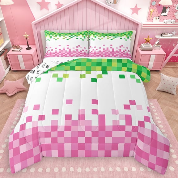 Homewish Games Gamepad Miners Bedding Comforter Set, Cartoon Pink Green Blocks Twin Comforter Sets, Teens Kids Boys Girls Reversible Bedding Set, Super Cozy Room Decor, 2pcs