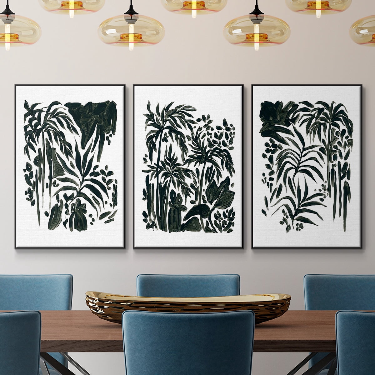 Ink Jungle I - Framed Premium Gallery Wrapped Canvas L Frame 3 Piece Set - Ready to Hang