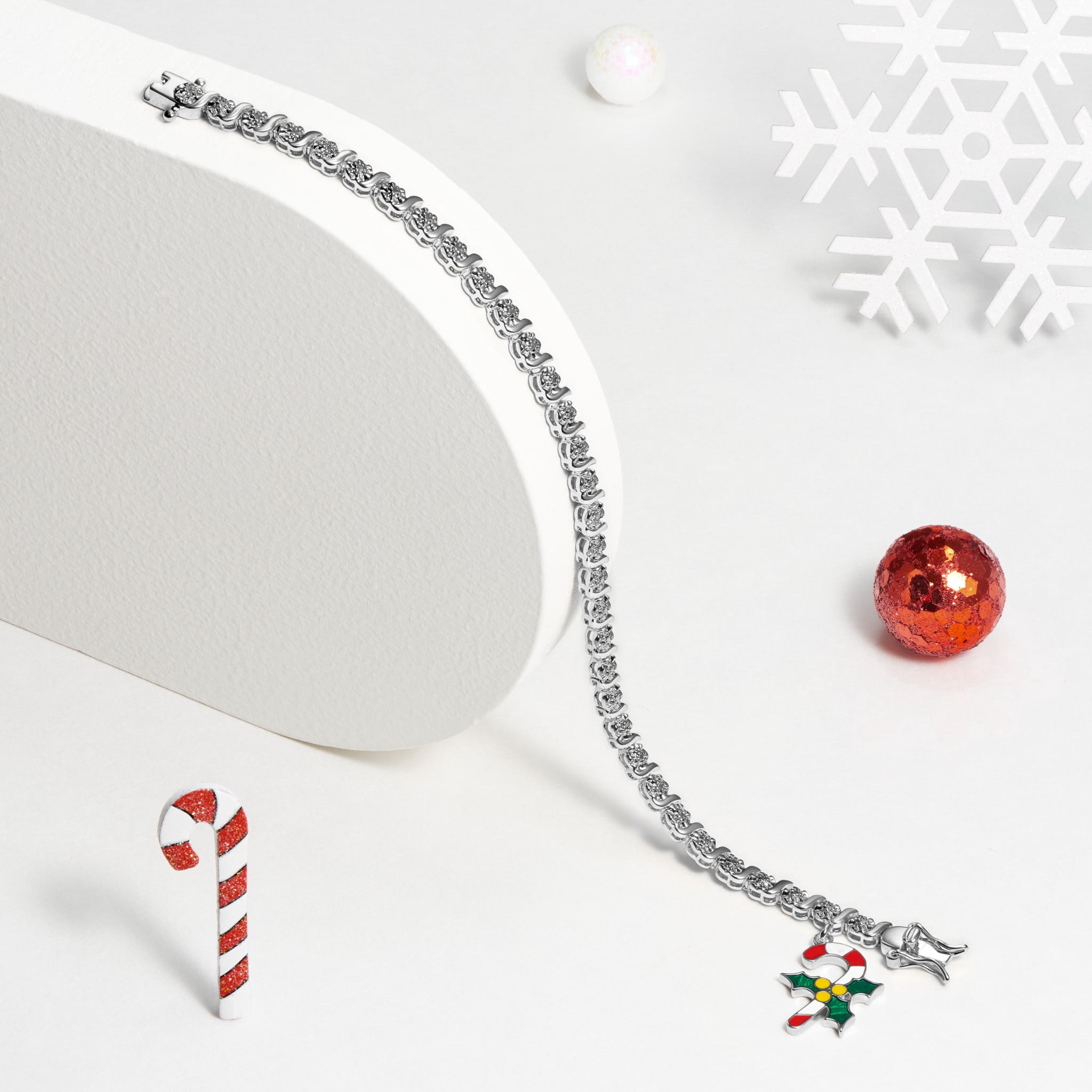 Fine Silver Plated Diamond Accent "S" Link Tennis Bracelet With Enamel Holiday Candy Cane Charm 7.25"