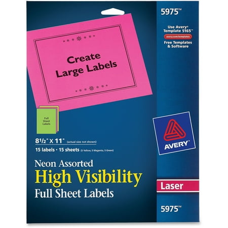 Avery High-Visibility Permanent ID Labels, Laser, 8 1/2 x 11, Asst. Neon, 15/Pack