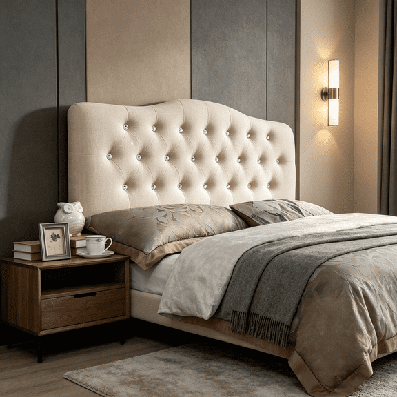 King Diamond Tufted Upholstered Headboard, Sturdy and Durable Solid Wood Headboard, Fabric Headboard with Adjustable Height, Modern Button Diamond Design Head Board, Beige