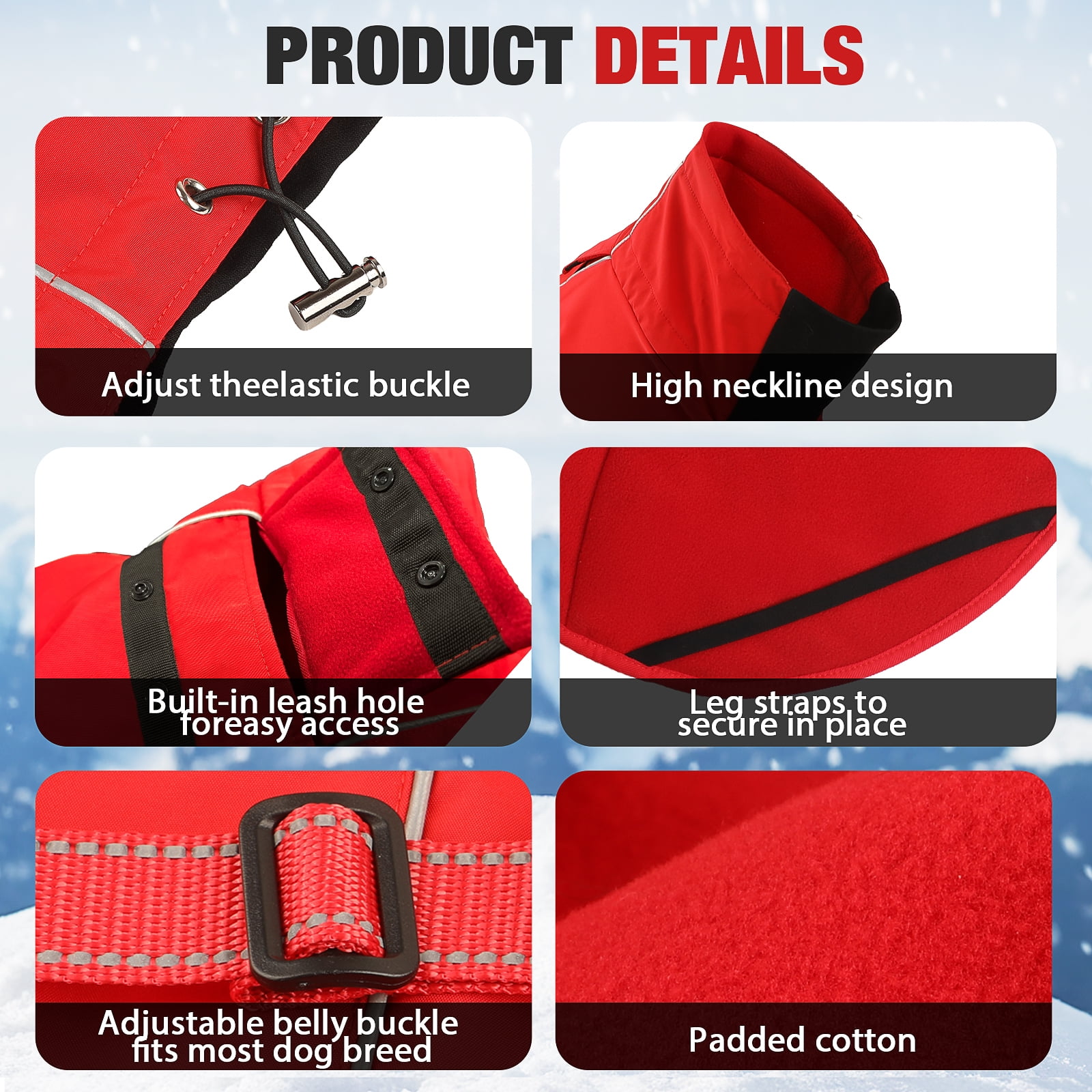 MASBRILL Dog Winter Coat , Waterproof Turtleneck Fleece Jacket with Harnsss for Small to Large Dogs, Warm Reflective Christmas Gift Dog Vest Pet Apparel, Red