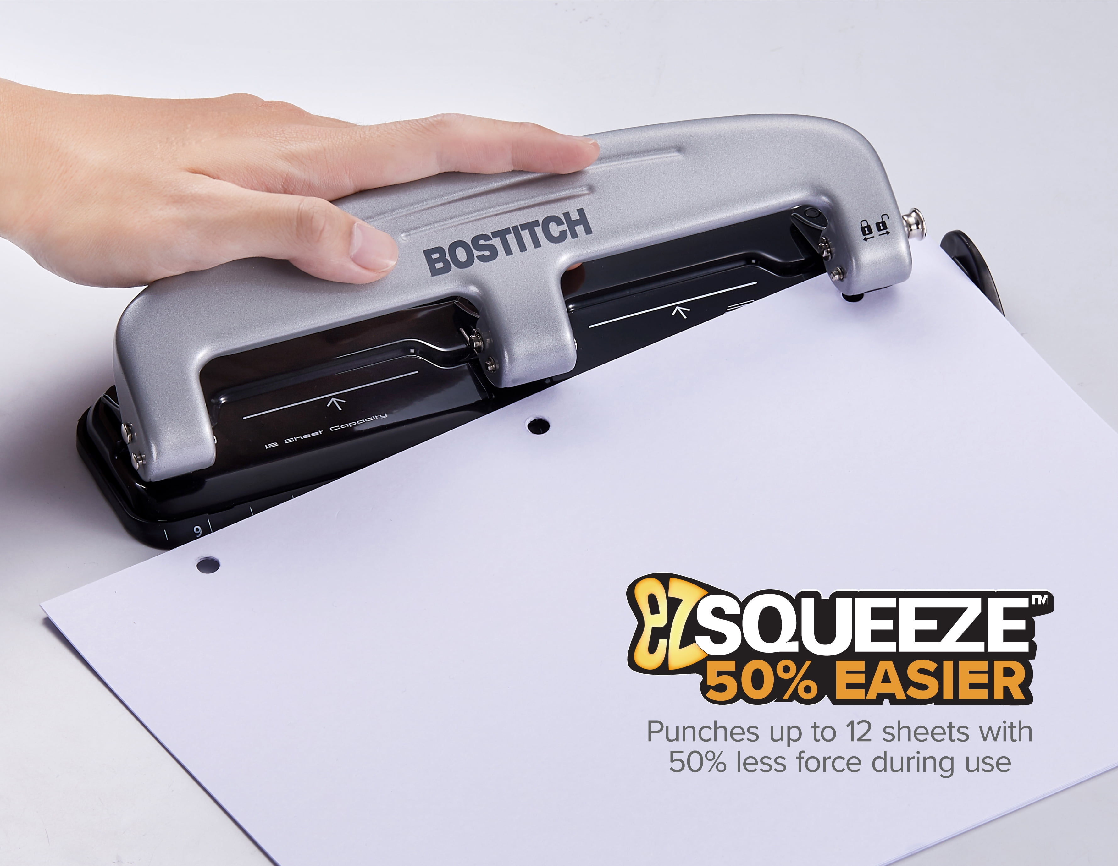 Bostitch EZ Squeeze 3 Hole Punch, 12 Sheet Capacity Silver/Black ACI2101 - Best Buy - View #9
