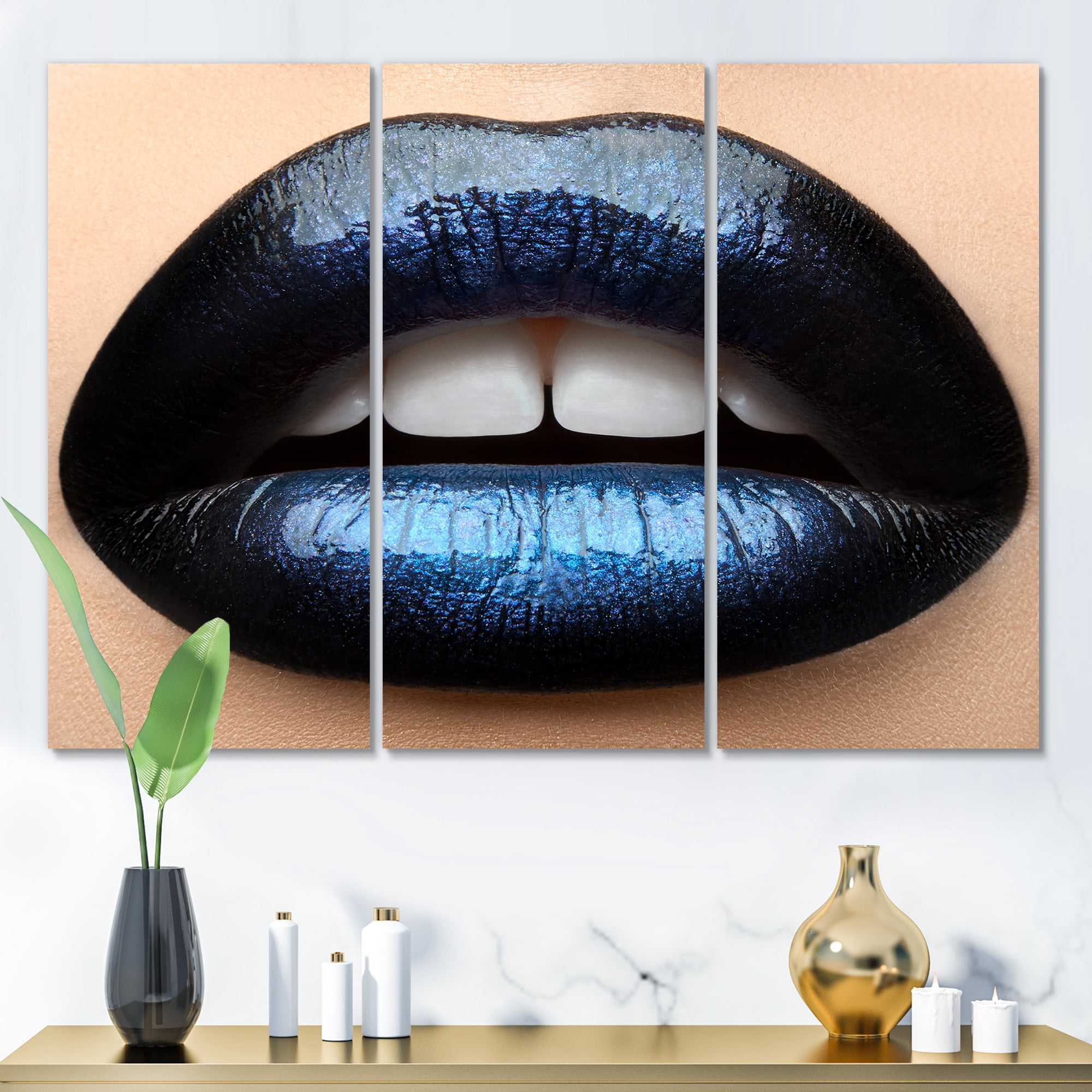 Designart ' Girl Lips With Black and Blue Lipstick ' Modern Canvas Wall Art Print